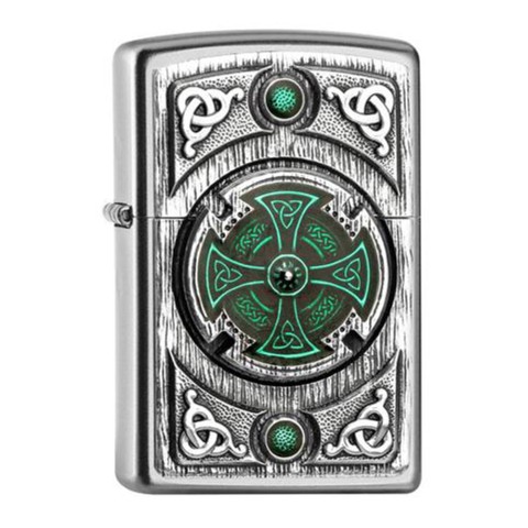 Zippo Lighter Brushed Chrome Celtic Green Cross