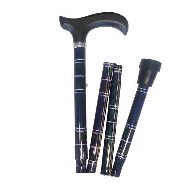 Four Fold Walking Stick Navy Blue Tartan with...