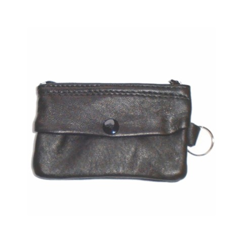 Black Lambskin Key Case With Key Ring, Outer Pocket
