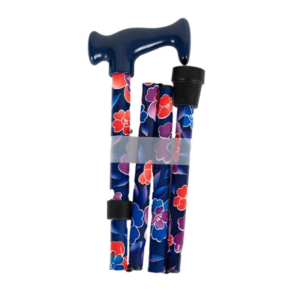 Four Fold Walking Stick Bright Flowers on Blue...