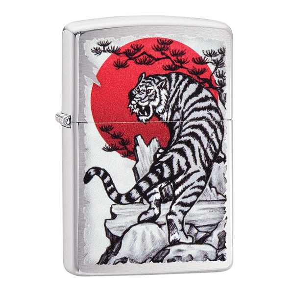 Zippo Lighter Brushed Chrome, Asian Tiger Design