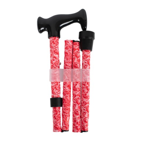 Four Fold Walking Stick Pink Roses Pattern Black Escort...